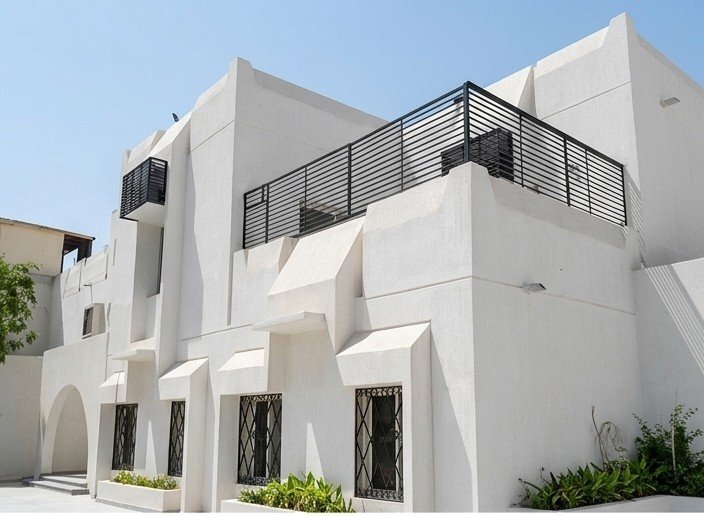 A white rendered villa in bright sun — stepped parapets, a black railed roof terrace and patterned metal grilles over the ground-floor windows.