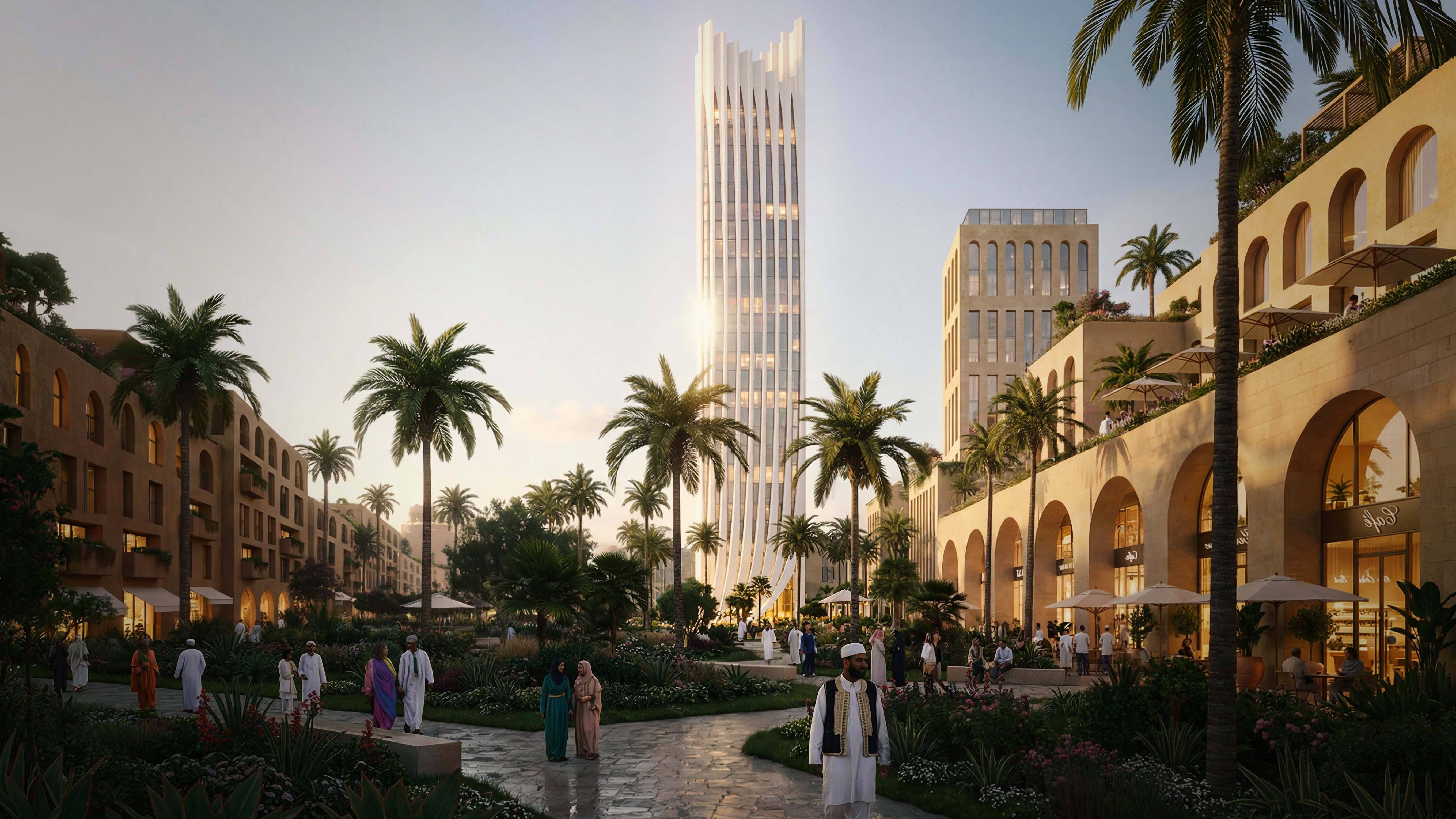 فناء حديقة بين مبانٍ حجرية — المشهد والعمارة مرسومان كواحد.