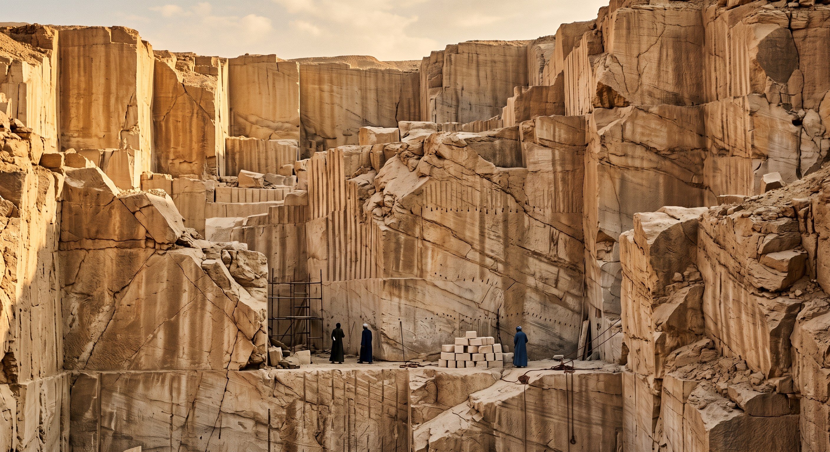 A limestone quarry — sheer sawn faces and stacked cut blocks, material at its source.