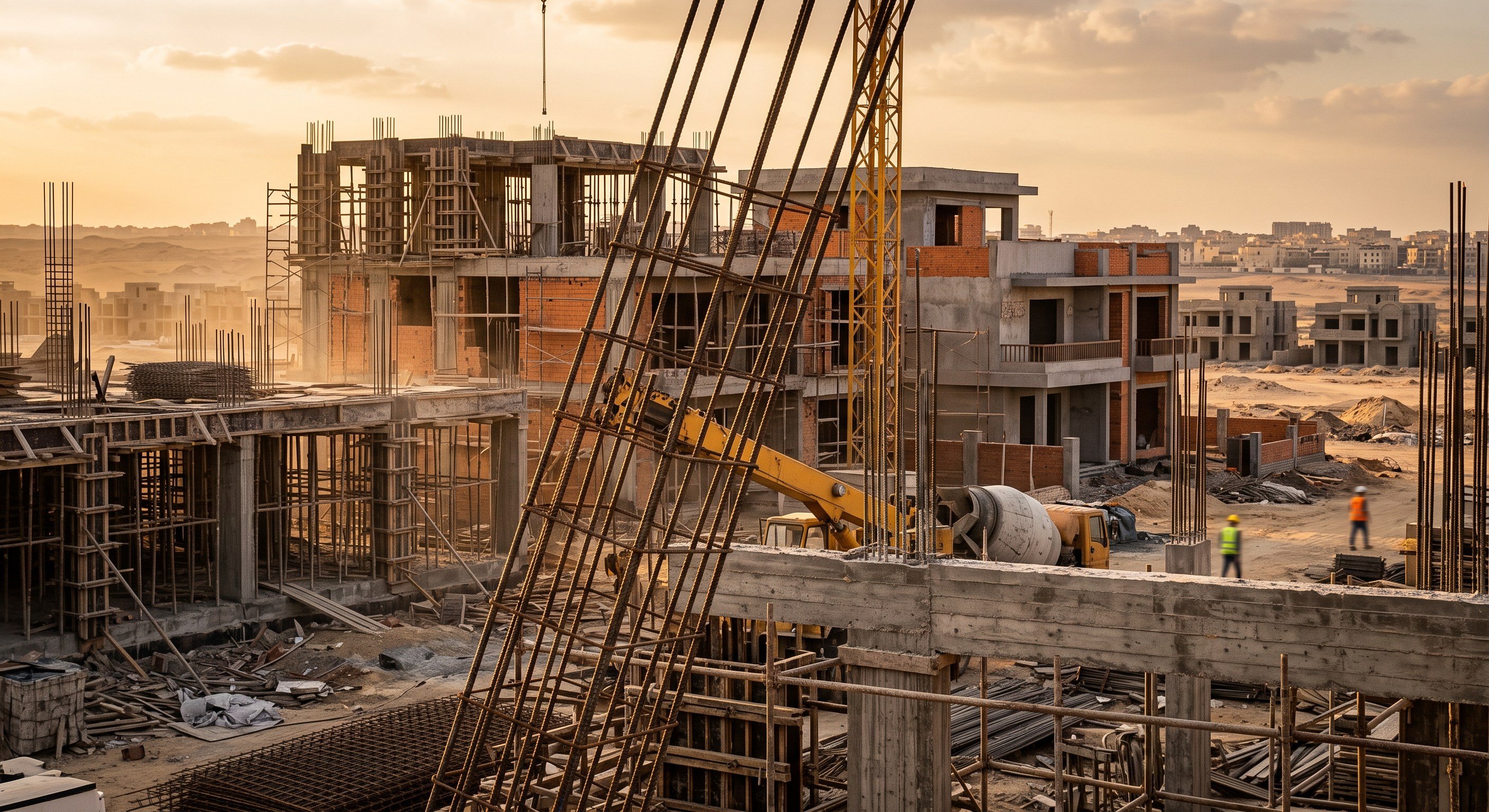 A structure rising in golden dust haze — concrete frames, rebar and a tower crane on site.